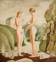 Two nudes standing by a river