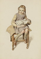 Crsitine seated on a stool with doll...
