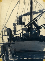 Cargo Steamer seen from the bow 