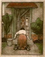 Woman scrubbing doorstep, 1924