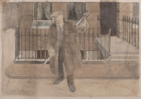 Man sweeping outside terraced house