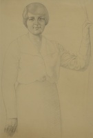 Standing Woman Holding a Curtain
