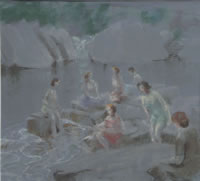 Girls bathing at a rock pool circa 1920