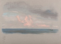 Ship on the horizon with pink clouds