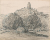 Landscape with farm and ruined castle