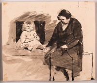 Woman and child seated on a bed