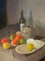 Still life with fruit and bottle