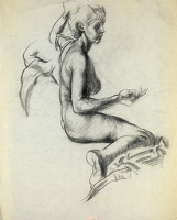 Nude, seated on blanket, right hand...
