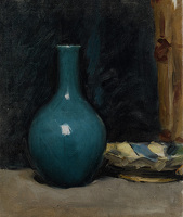 Still life with blue pot and folded...
