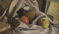 Still life with fruit and paint box