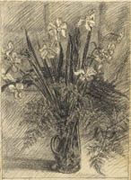 Narcissi and ferns in a vase