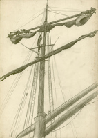 Three sailors working on the mast of...