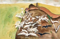 Tractor, crows and seagulls, circa 1975