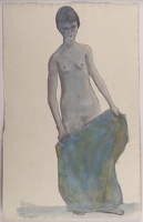 Full length nude with blue drape