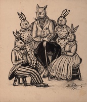 Seated fox surrounded with rabbits
