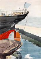 Study of a ship's stern and tow rope