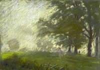 A young girl skipping in a glade