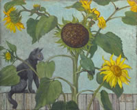 Black Cat and Sunflowers with green...